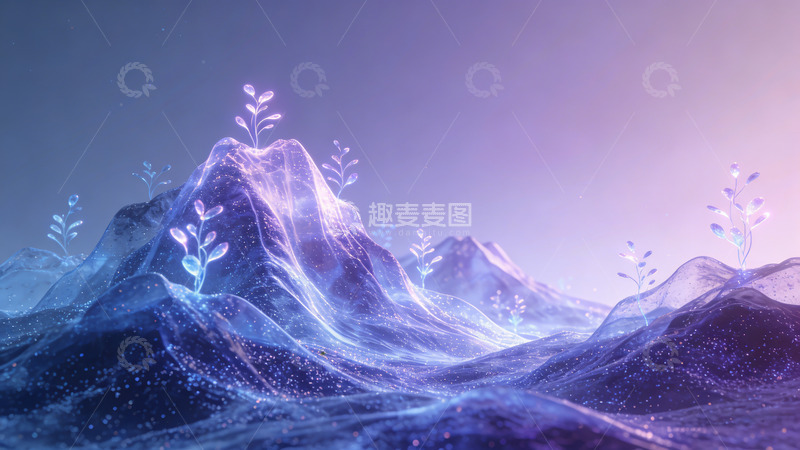 高清大图下载【趣麦麦图】梦幻蓝色山脉植物场景
