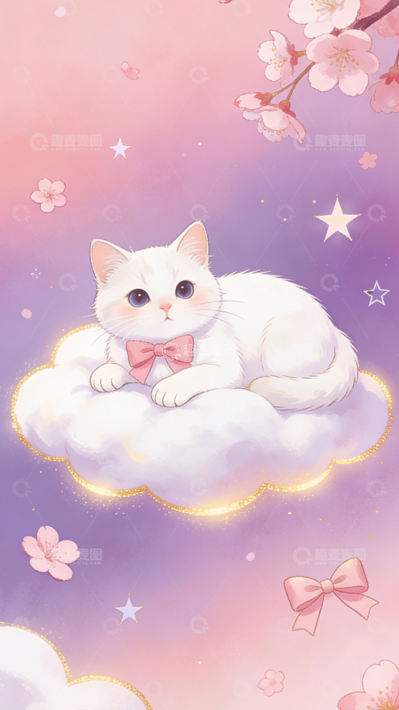 高清大图下载【趣麦麦图】梦幻白猫樱花插画