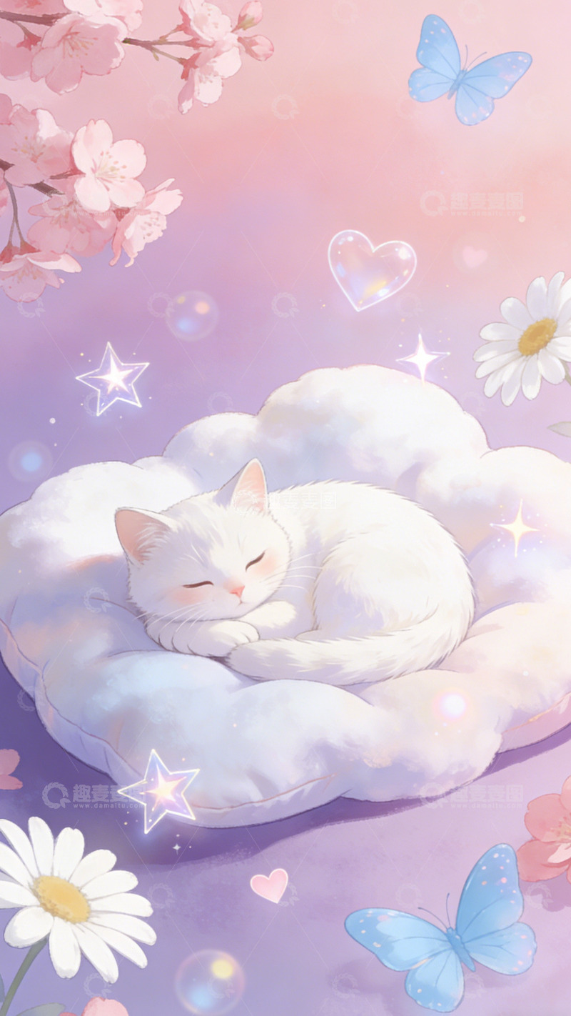 高清大图下载【趣麦麦图】梦幻白猫云朵梦