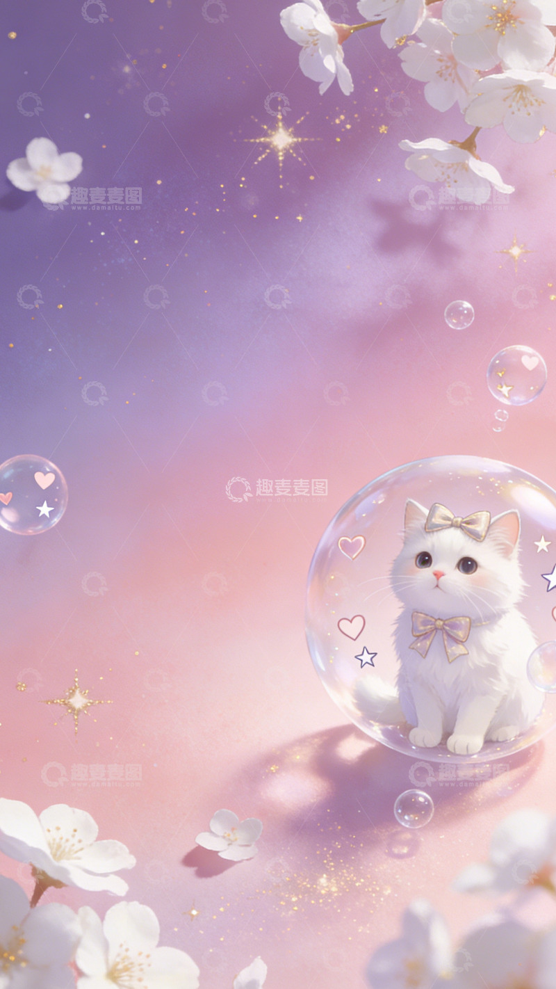 高清大图下载【趣麦麦图】梦幻猫咪樱花泡泡插画