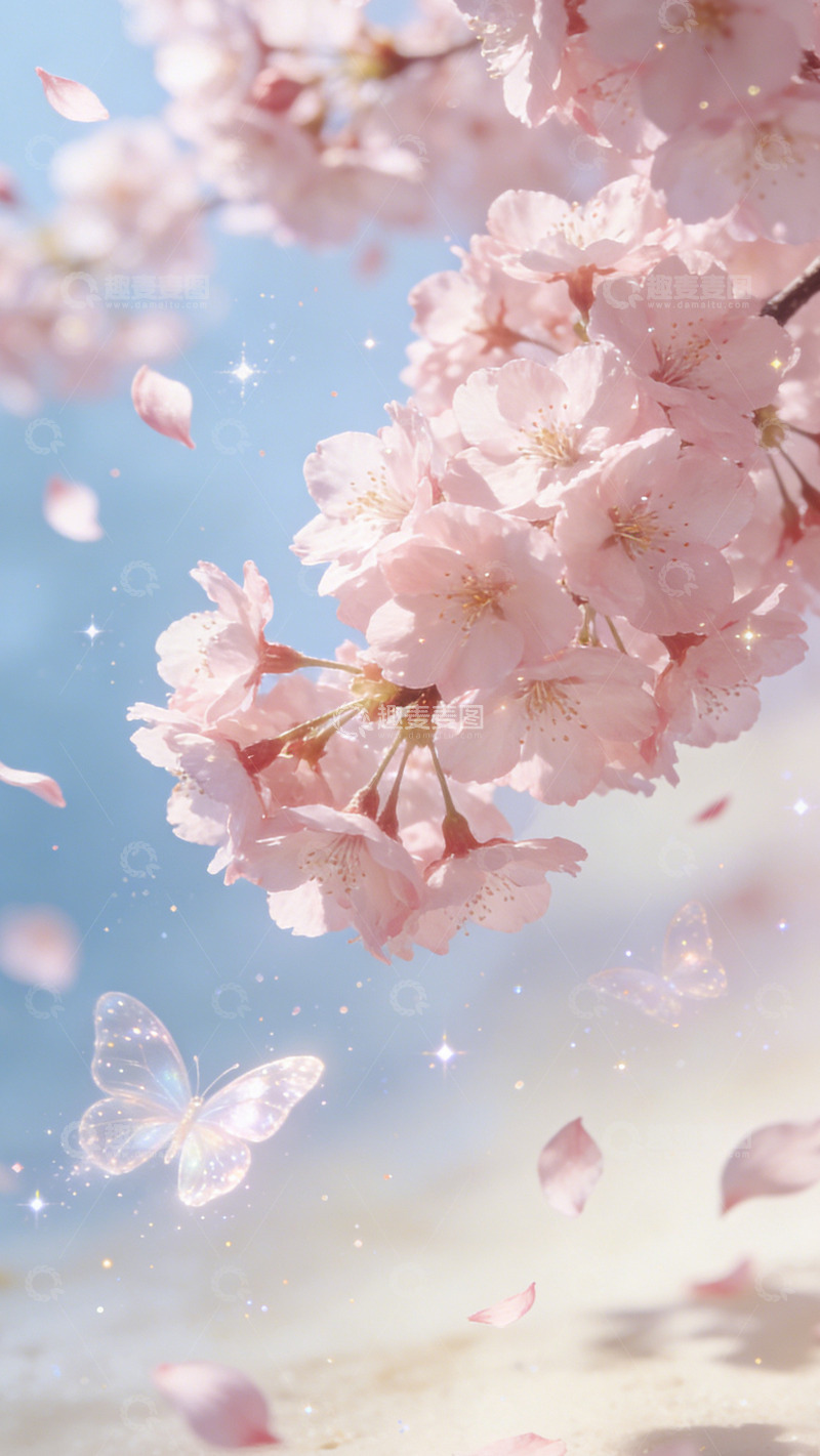 高清大图下载【趣麦麦图】樱花飞舞梦幻风景插画