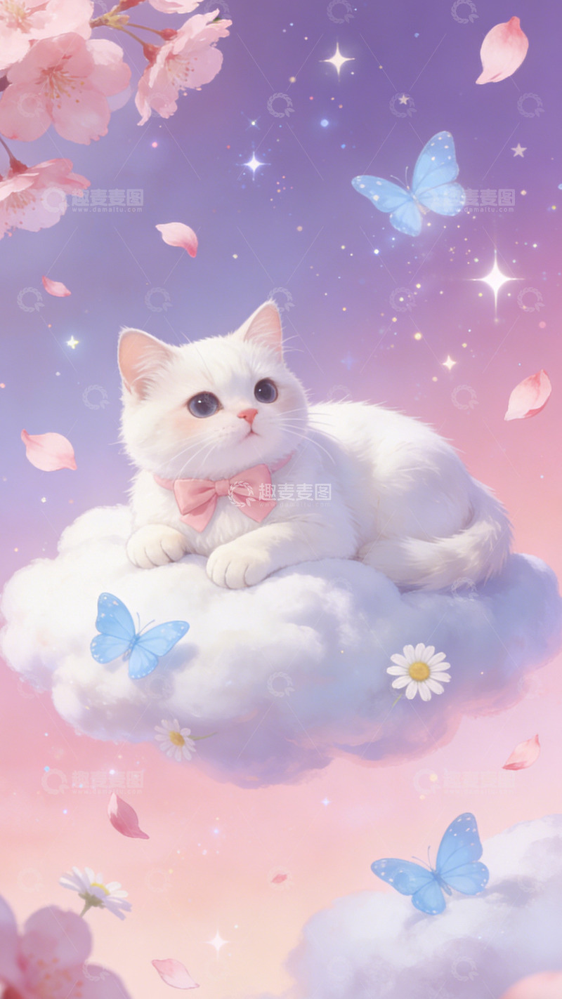 高清大图下载【趣麦麦图】梦幻白猫云中躺