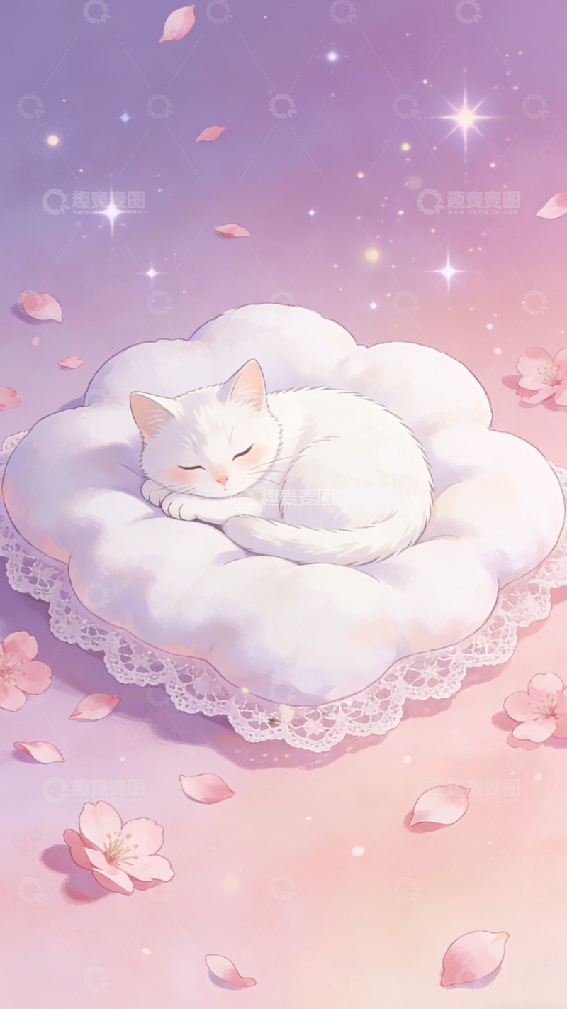 高清大图下载【趣麦麦图】梦幻白猫云朵垫插画