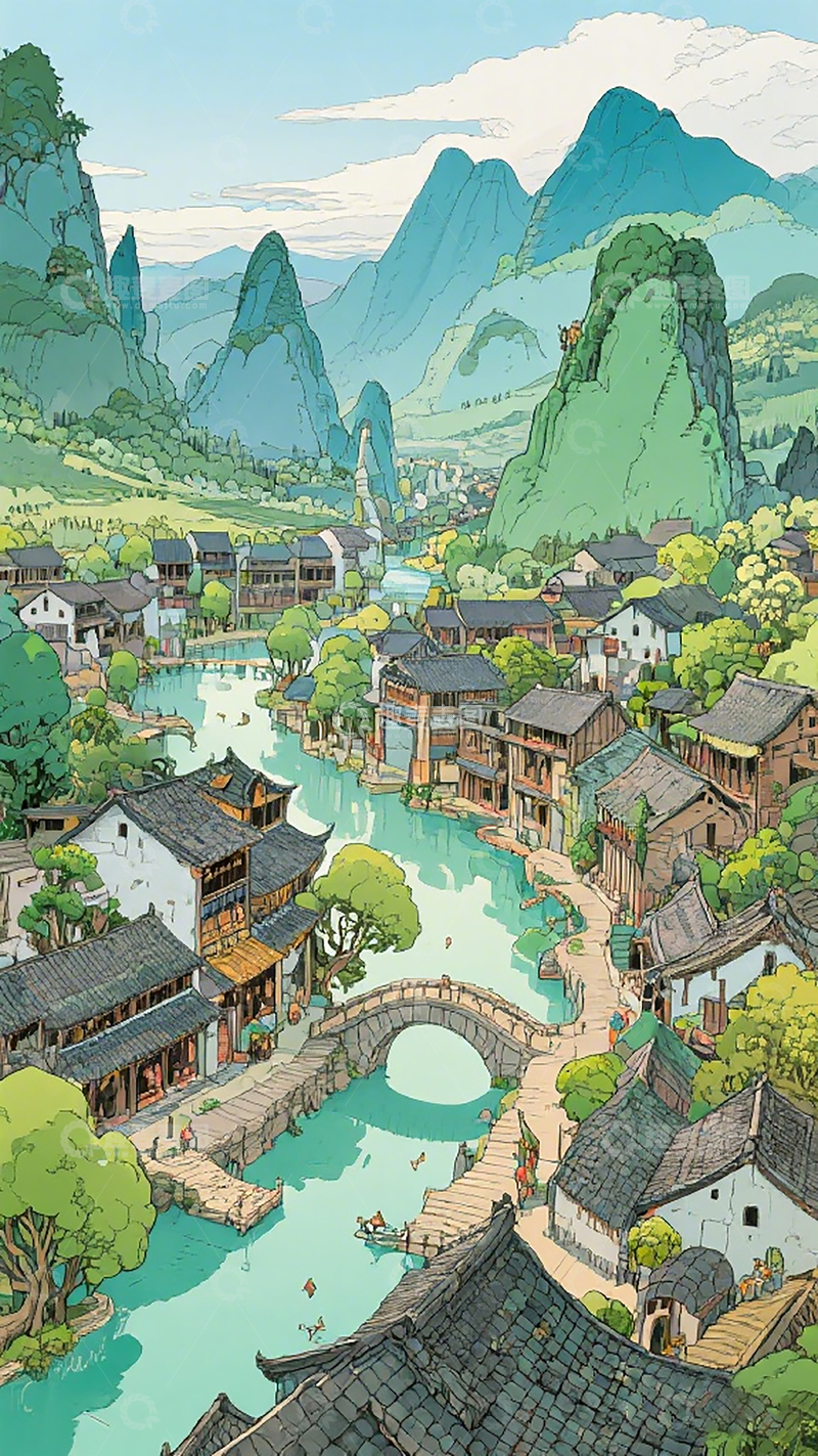高清大图下载【趣麦麦图】山水古镇风光插画