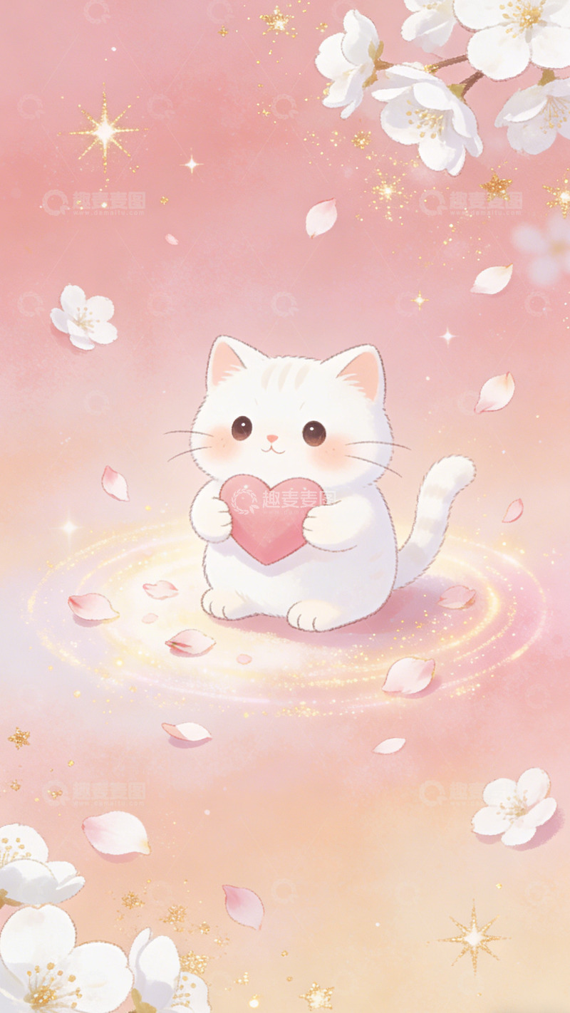 高清大图下载【趣麦麦图】可爱猫咪抱心樱花背景插画