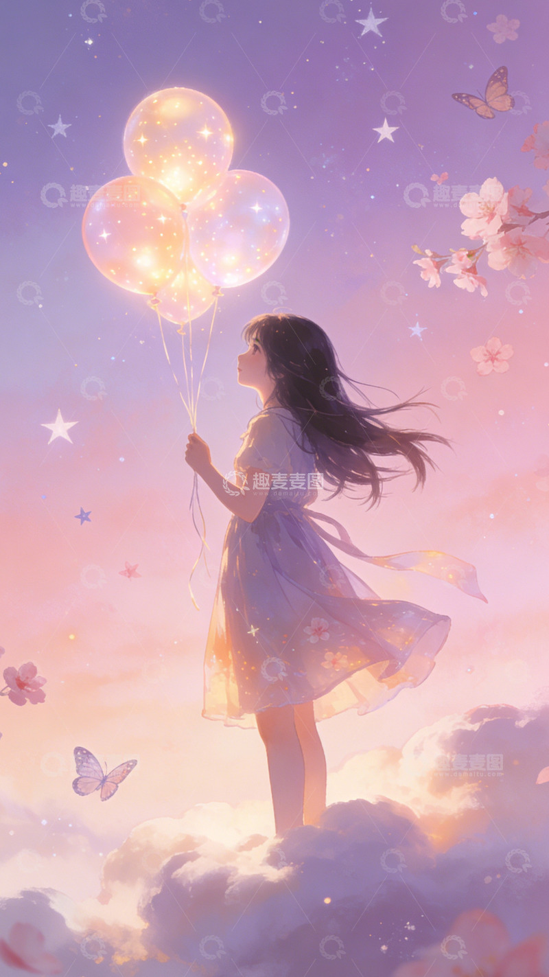 高清大图下载【趣麦麦图】梦幻少女气球樱花蝴蝶插画