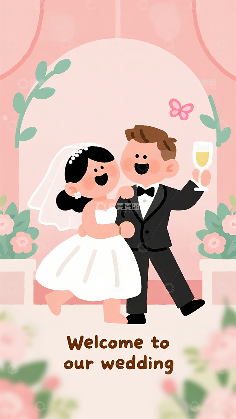 高清大图下载【趣麦麦图】婚礼插画欢迎海报