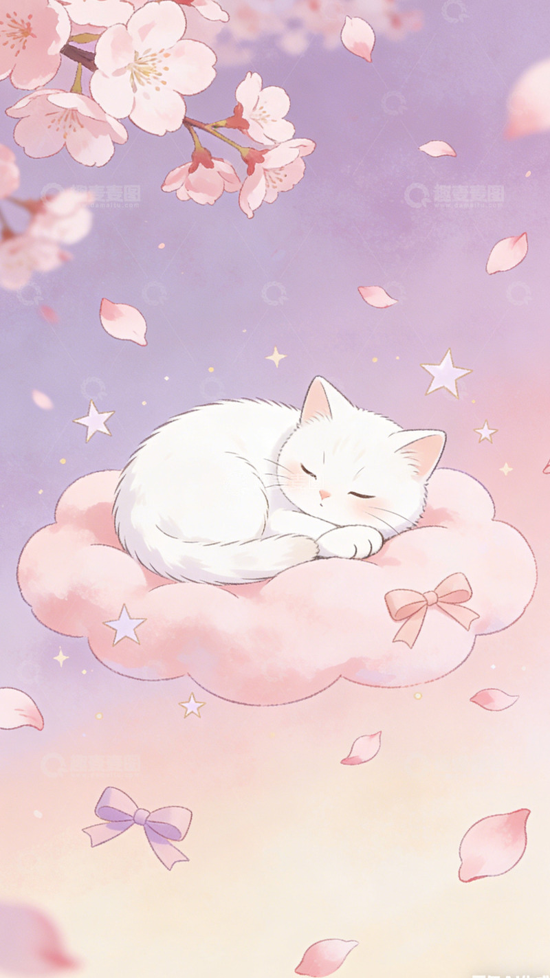 高清大图下载【趣麦麦图】梦幻卡通猫咪樱花插画