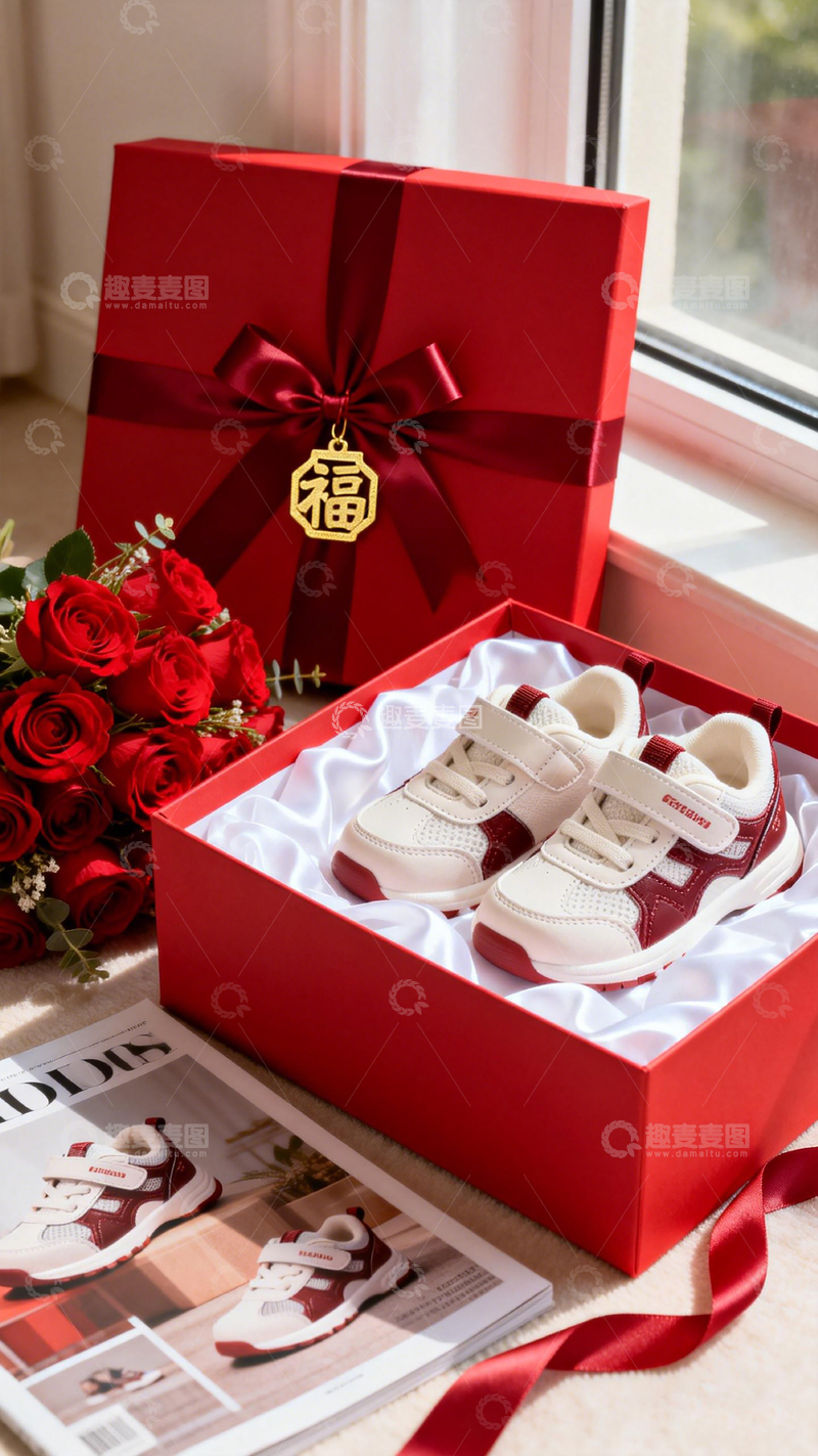 高清大图下载【趣麦麦图】喜庆红色婴儿鞋礼盒