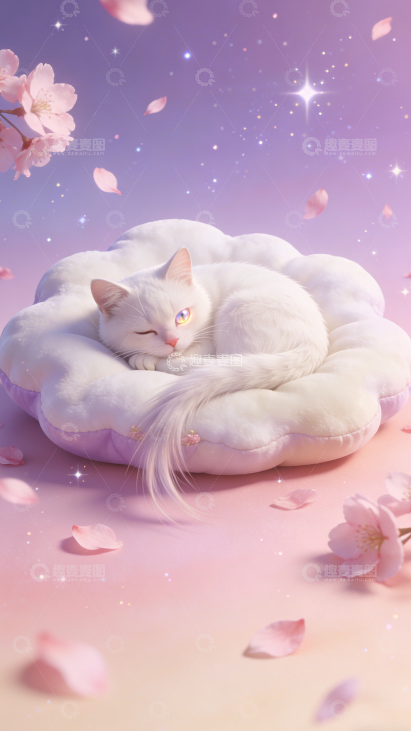 高清大图下载【趣麦麦图】梦幻白猫樱花梦境插画
