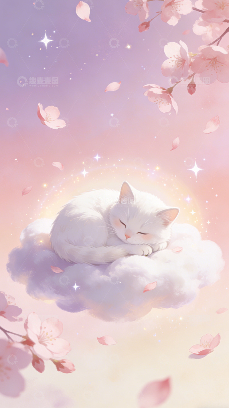 高清大图下载【趣麦麦图】梦幻白猫樱花插画