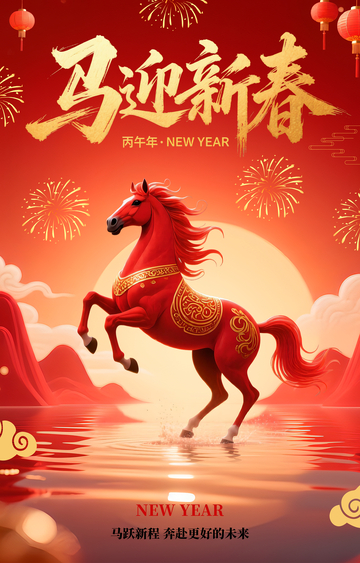 红色喜庆新春新年马跃祝福2026海报
