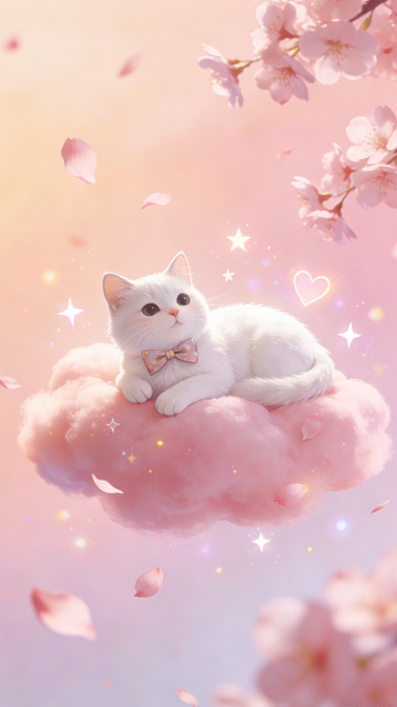 梦幻白猫樱花云插画