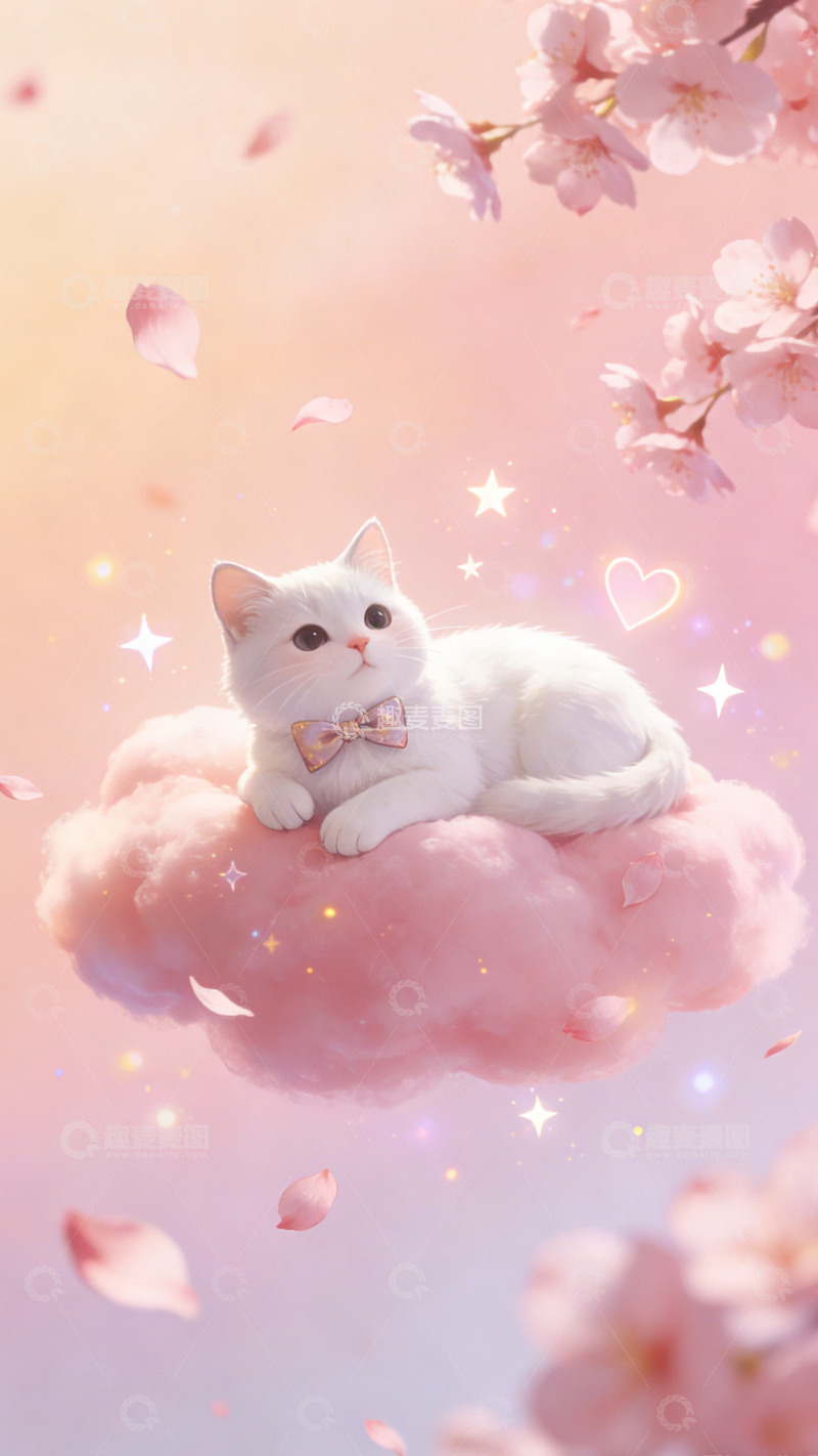 高清大图下载【趣麦麦图】梦幻白猫樱花云插画