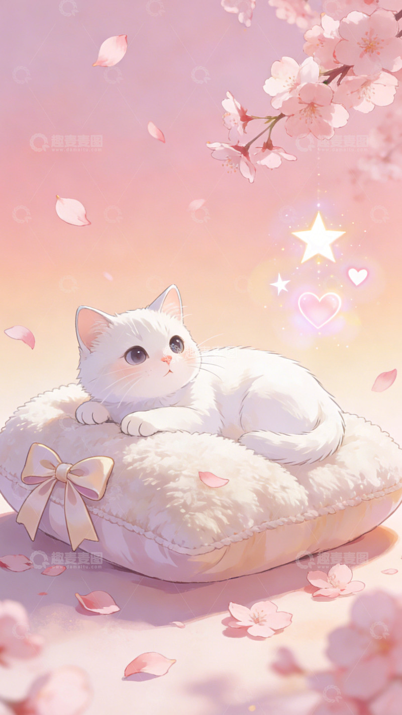 高清大图下载【趣麦麦图】梦幻白猫樱花场景插画