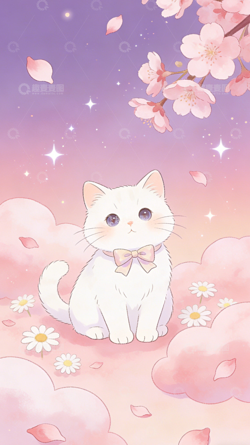 高清大图下载【趣麦麦图】梦幻樱花小猫插画