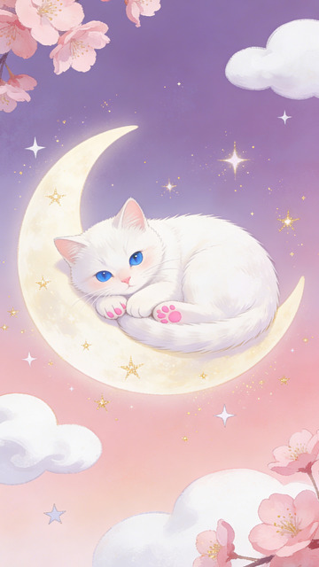 梦幻白猫月夜插画