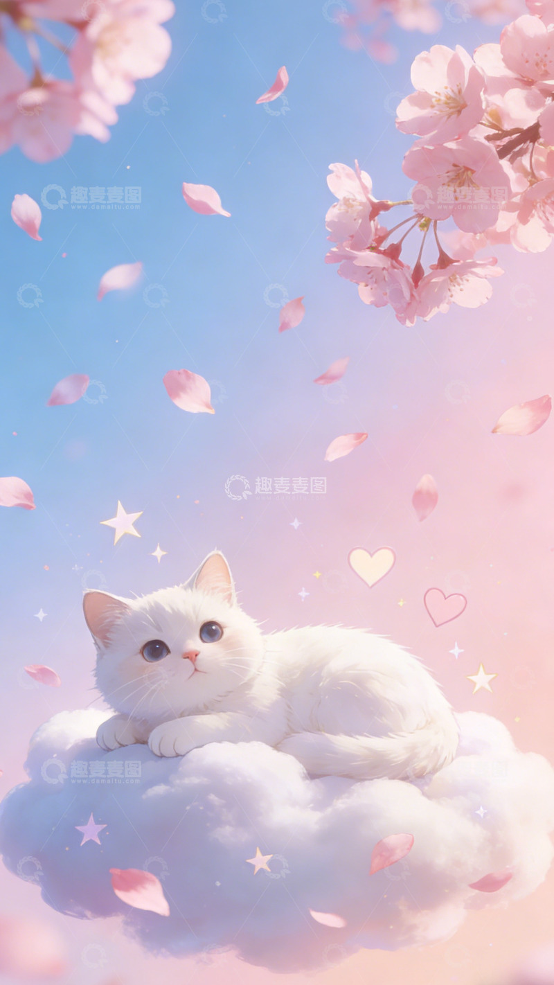 高清大图下载【趣麦麦图】梦幻白猫樱花云彩插画壁纸