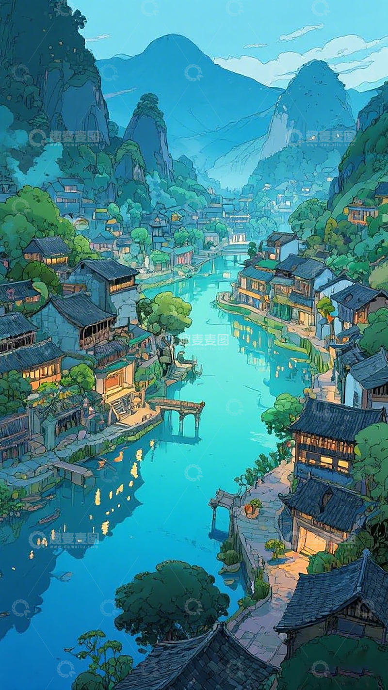 高清大图下载【趣麦麦图】古风山水小镇插画