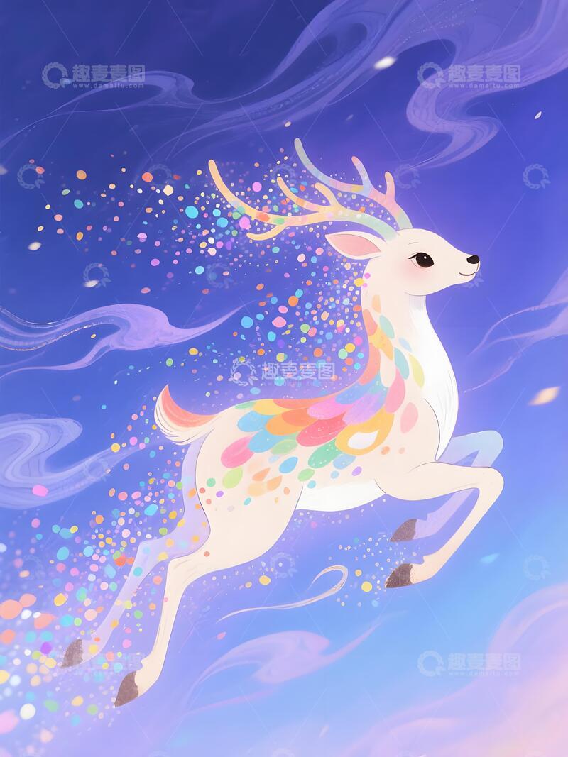 高清大图下载【趣麦麦图】梦幻鹿插画紫蓝色唯美星空艺术