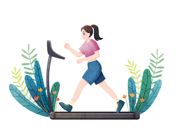 女孩在跑步机上活力开跑健康生活宣传插画