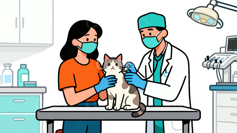 源文件下载【趣麦麦图】兽医诊所猫咪检查插画