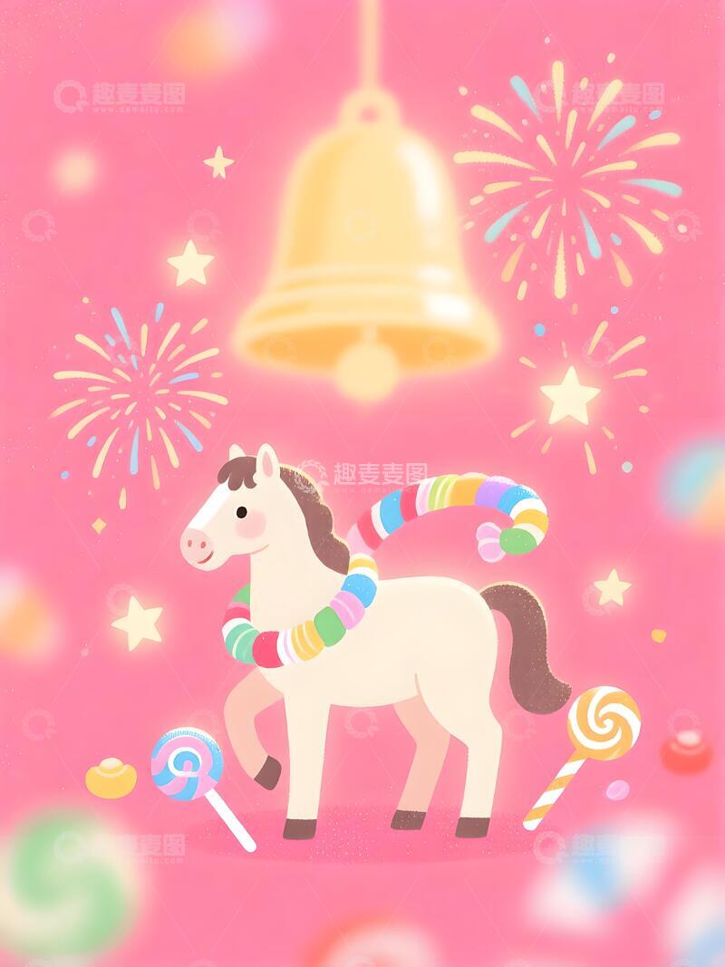 高清大图下载【趣麦麦图】梦幻小马粉色庆祝插画素材