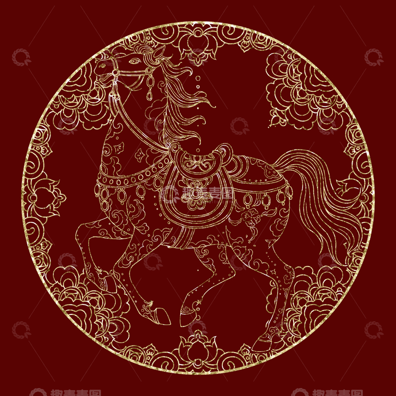 源文件下载【趣麦麦图】-2026年马年传统金色骏马图案装饰设计
