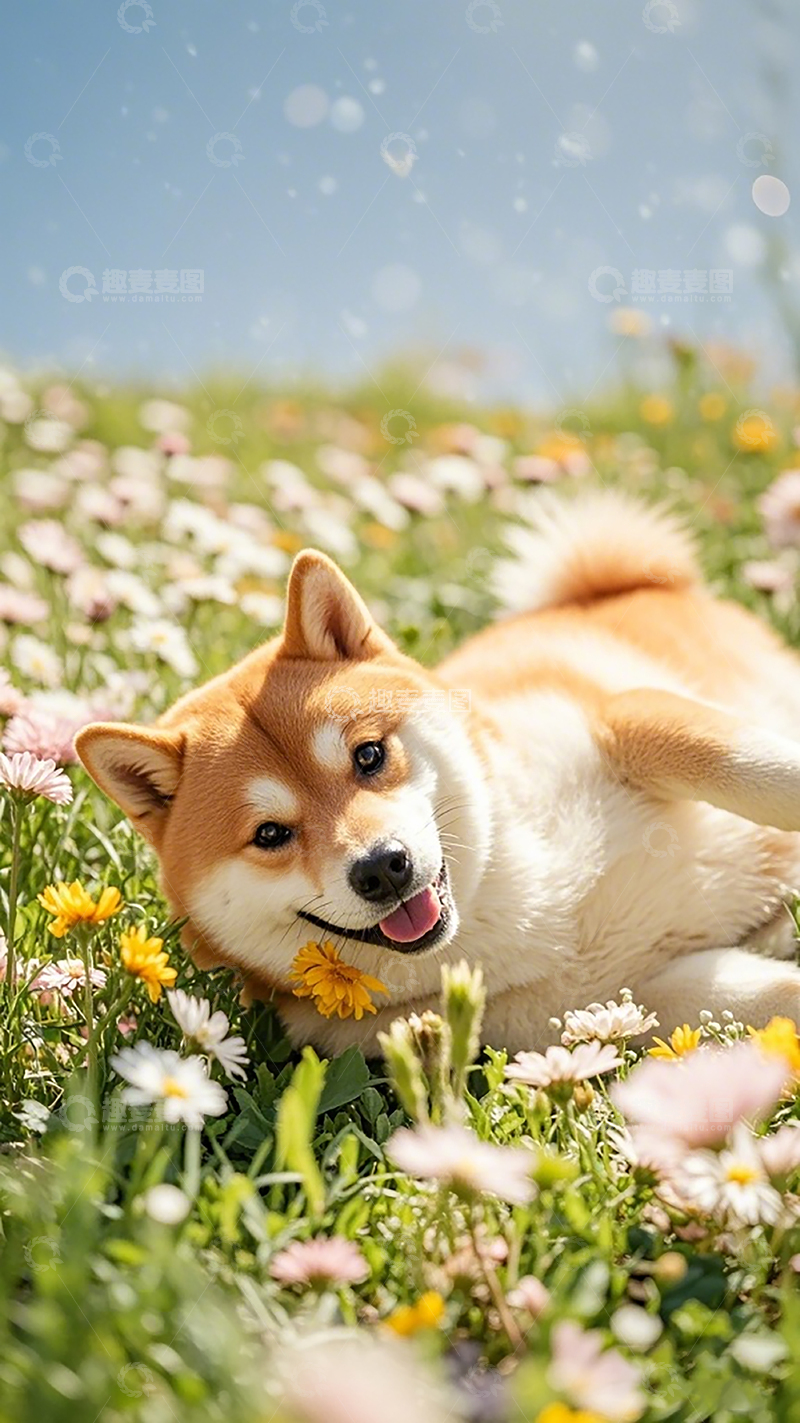 高清大图下载【趣麦麦图】春日花海中犬儿嬉戏摄影图片