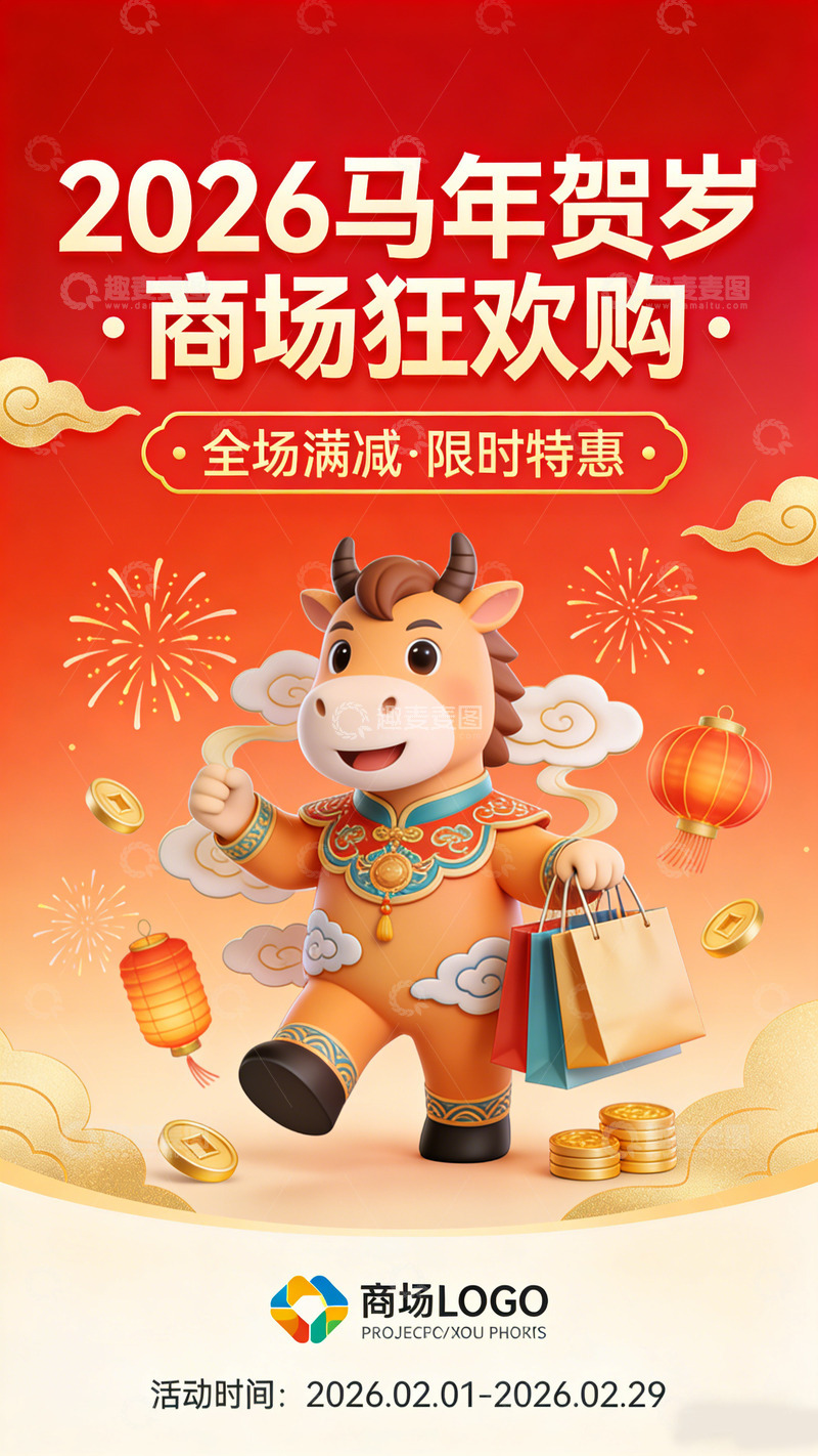 高清大图下载【趣麦麦图】马年贺岁狂欢购海报设计素材