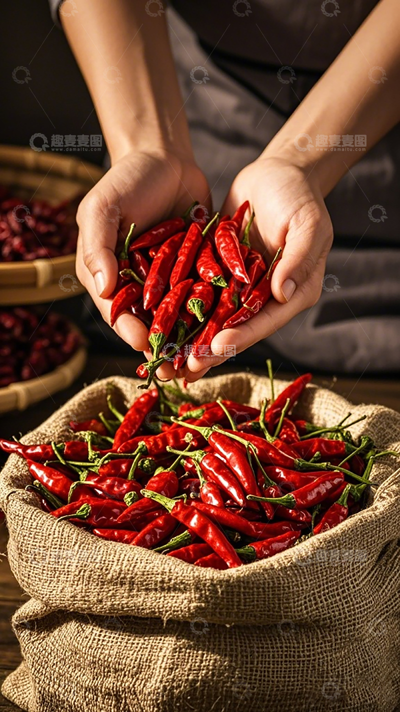 高清大图下载【趣麦麦图】红辣椒丰收麻布袋展示