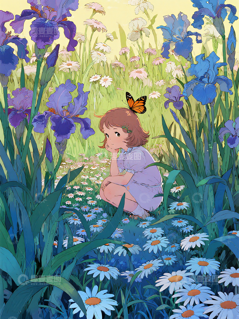 源文件下载【趣麦麦图】插画风格花丛中的小女孩2