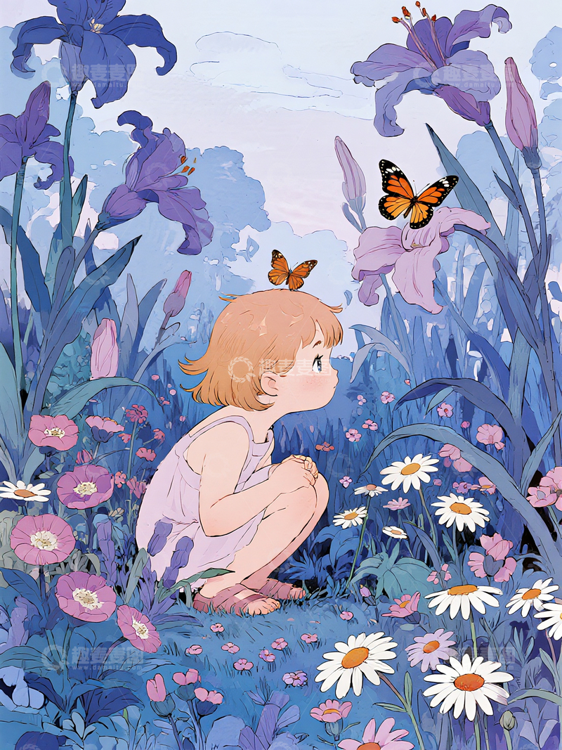 源文件下载【趣麦麦图】插画风格花丛中的小女孩4