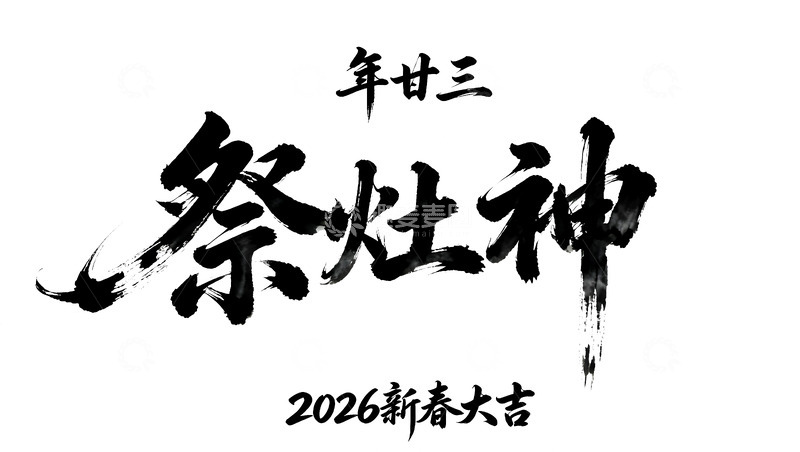 高清大图下载【趣麦麦图】水墨风祭灶神祝福艺术字