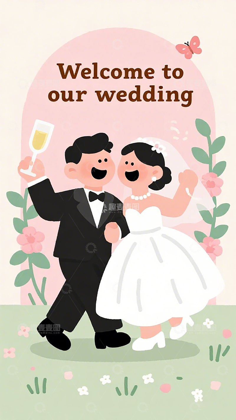 高清大图下载【趣麦麦图】卡通婚礼迎宾海报设计模板
