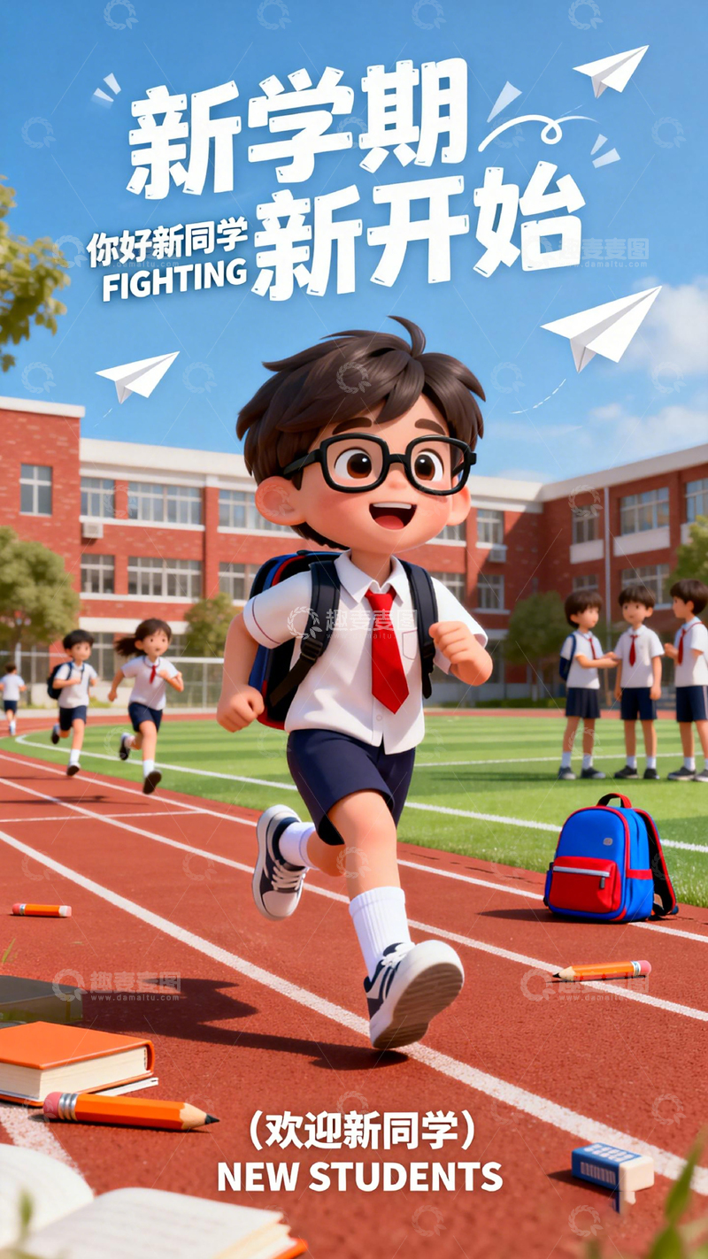 高清大图下载【趣麦麦图】新学期开学海报卡通学生奔跑校园素材