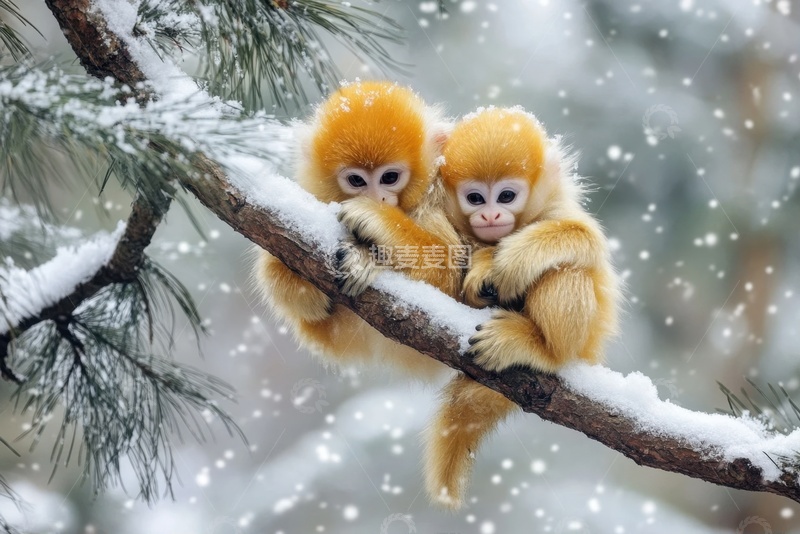 高清大图下载【趣麦麦图】依偎在一起的两个金丝猴