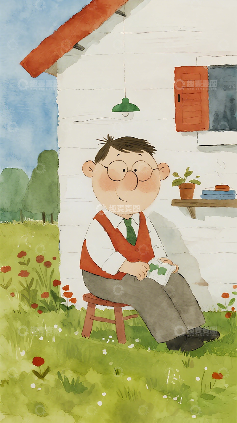 高清大图下载【趣麦麦图】田园风阅读男子插画素材