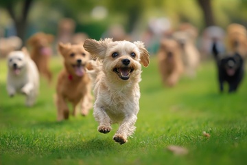 草地上奔跑的一群小狗