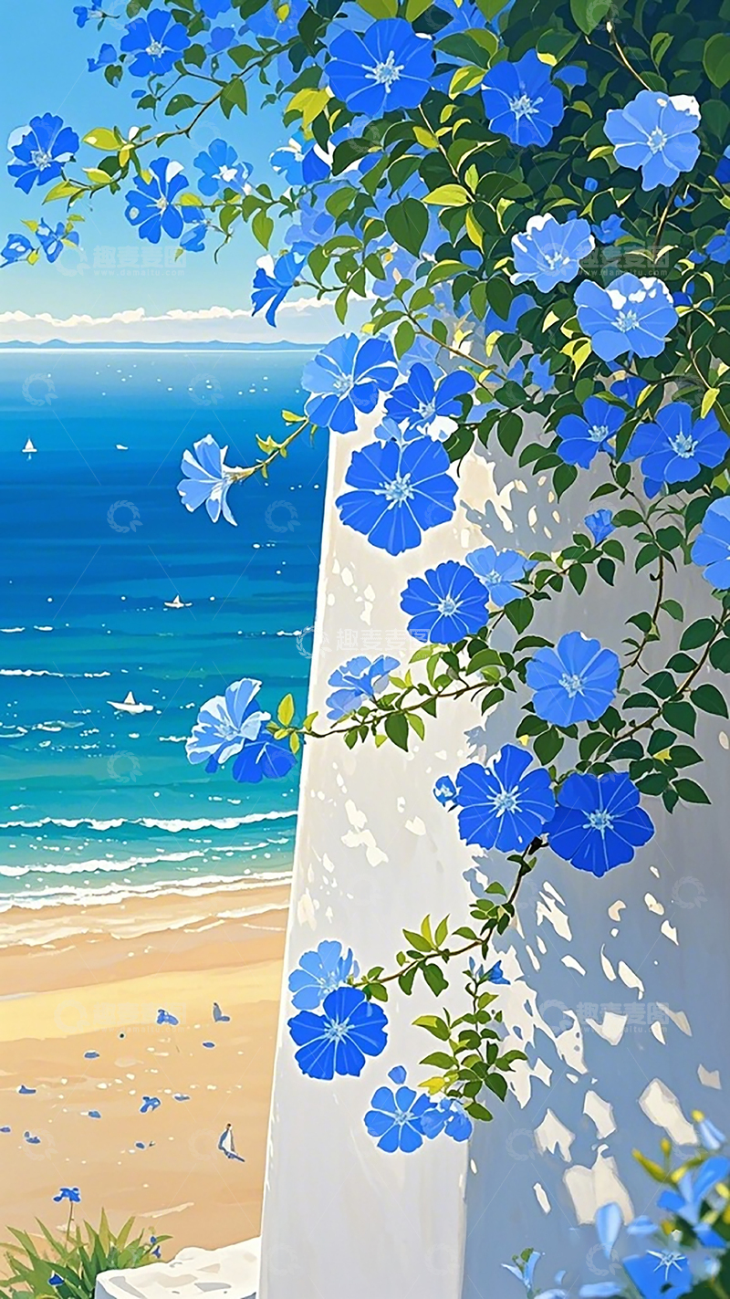 高清大图下载【趣麦麦图】蓝花白墙海边风景画