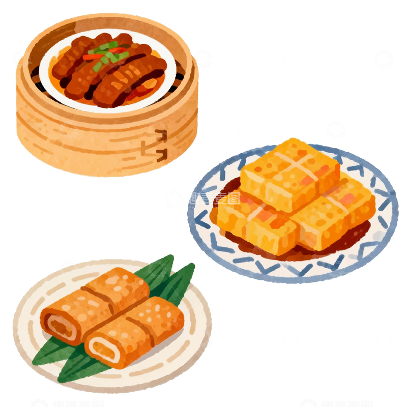 源文件下载【趣麦麦图】水彩风中式点心插画设计素材