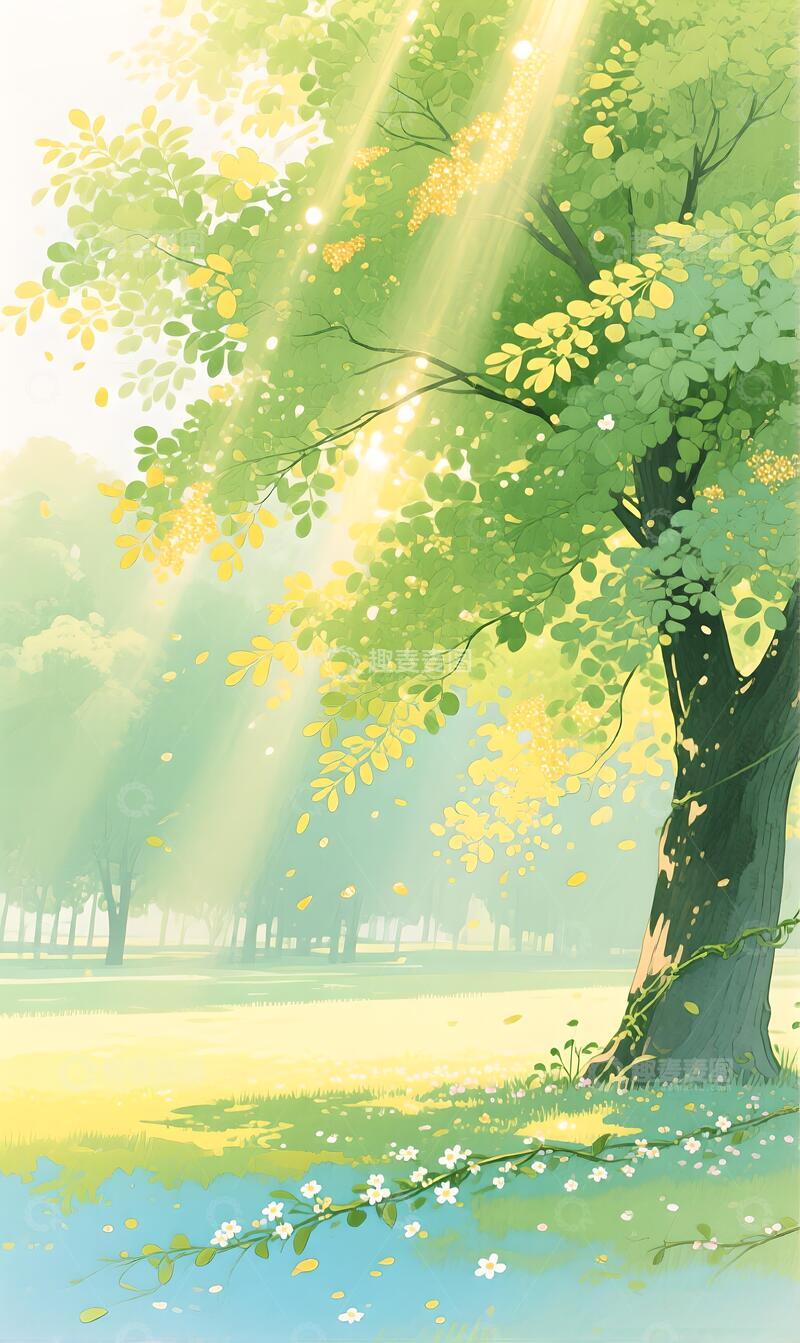 高清大图下载【趣麦麦图】春日阳光树木自然风景唯美插画背景