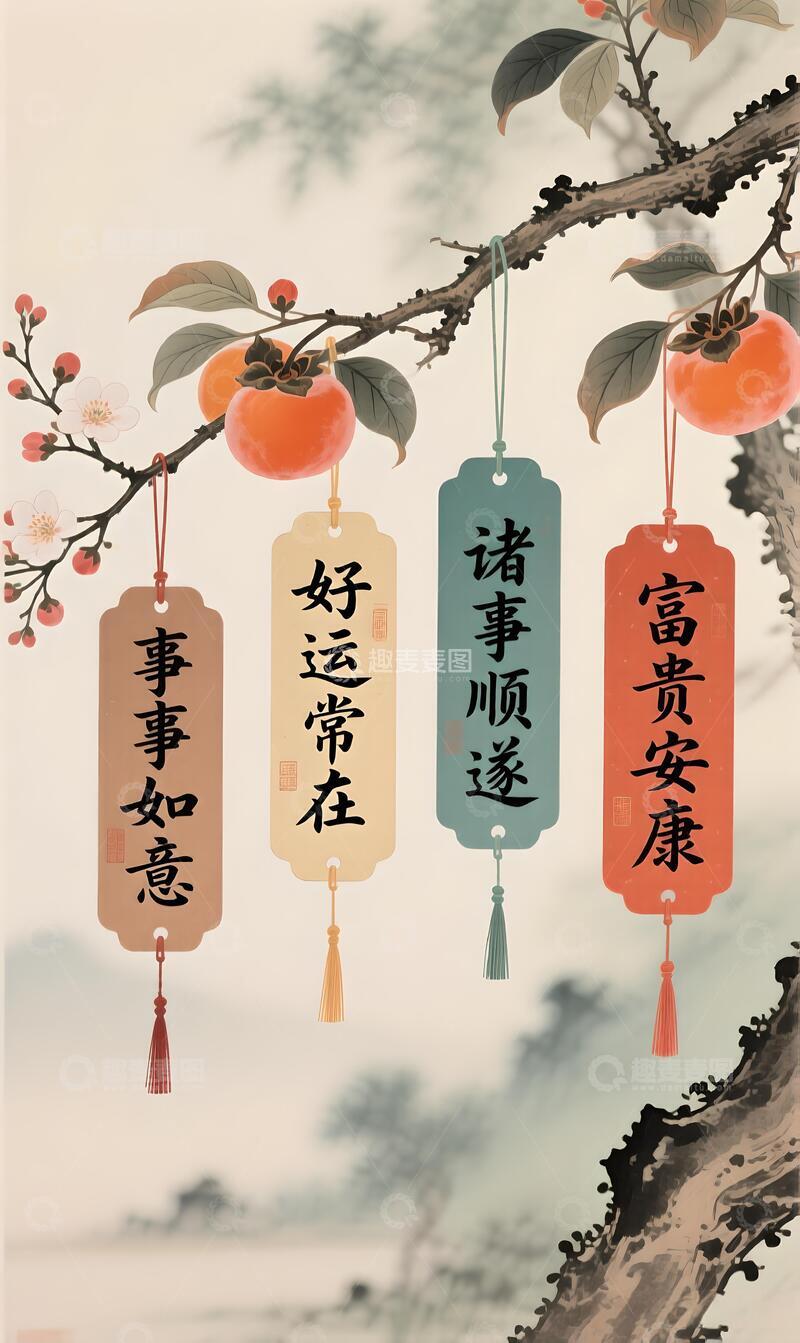 高清大图下载【趣麦麦图】柿柿如意中国风祝福挂画插画素材