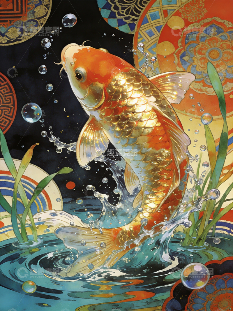 源文件下载【趣麦麦图】写实插画风格跃起的锦鲤3