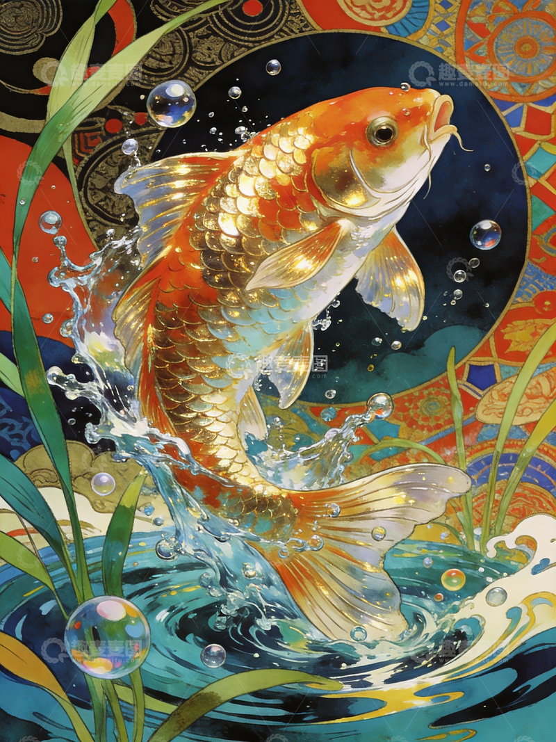 源文件下载【趣麦麦图】写实插画风格跃起的锦鲤2
