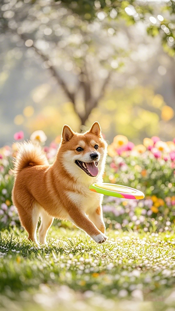阳光柴犬飞盘玩耍