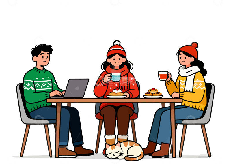 源文件下载【趣麦麦图】卡通风冬日聚会插画
