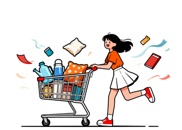 卡通购物女孩生活场景插画