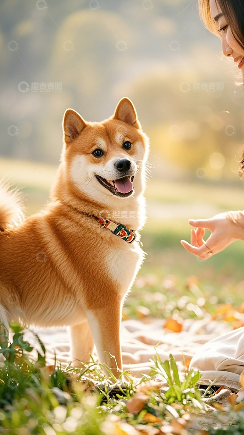 高清大图下载【趣麦麦图】阳光草地柴犬与主人互动摄影图