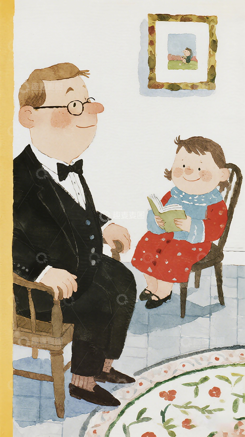 高清大图下载【趣麦麦图】温馨家庭插画父子阅读时光
